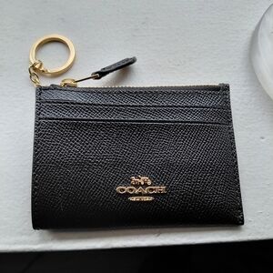 Coach Black Leather Card Holder Key Ring with Gold Logo